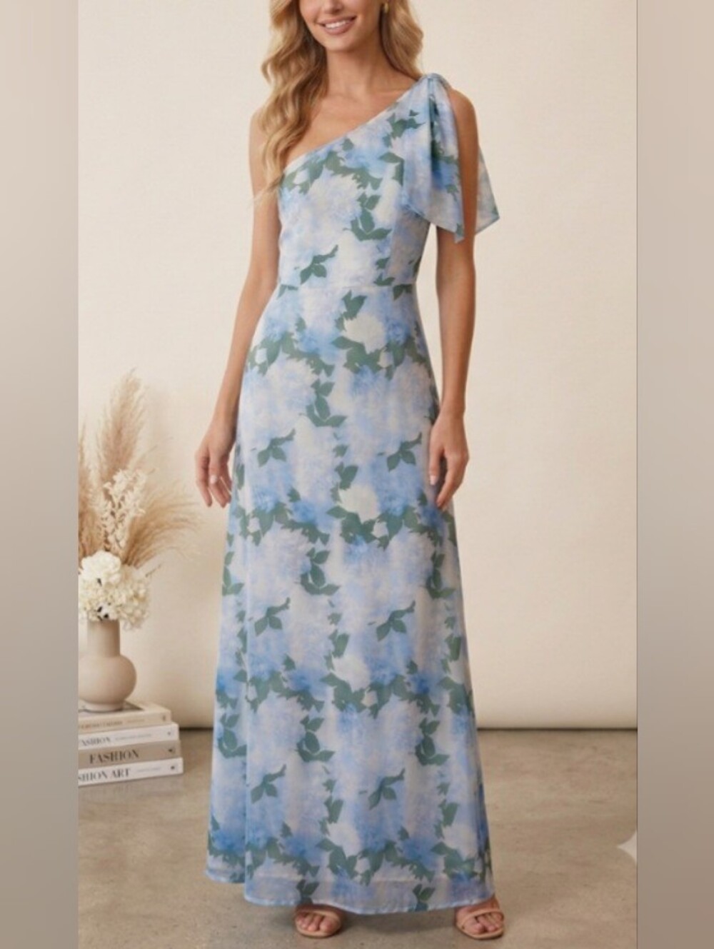 Sachin & Babi Chelsea One Shoulder Gown Glacial Peonies Floral Blue Chiffon Maxi